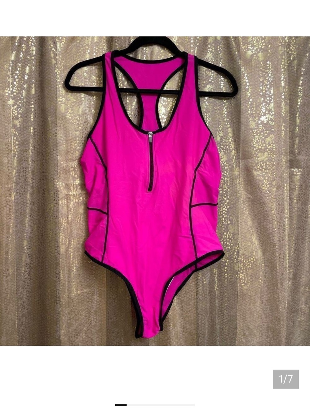 SHEIN Magenta Pink Binding Trim Front Zip One Piece Swimsuit, XL